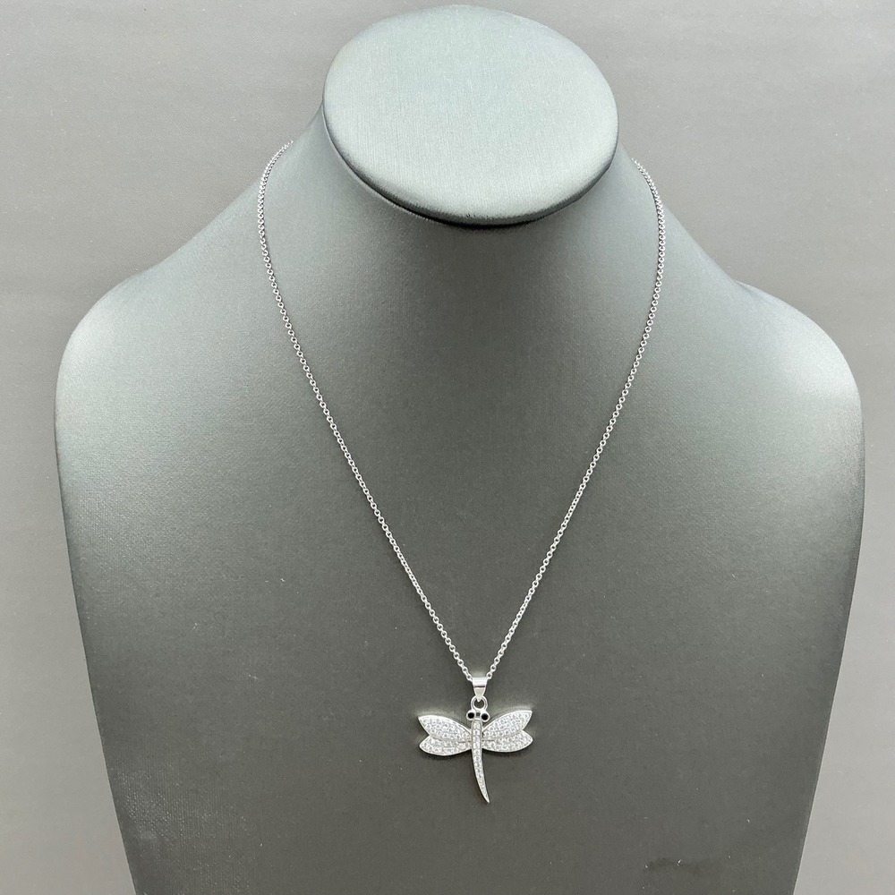 Dragonfly Pendant Necklace Women Silver Tone Pave Rhinestone Animal Charm 9592